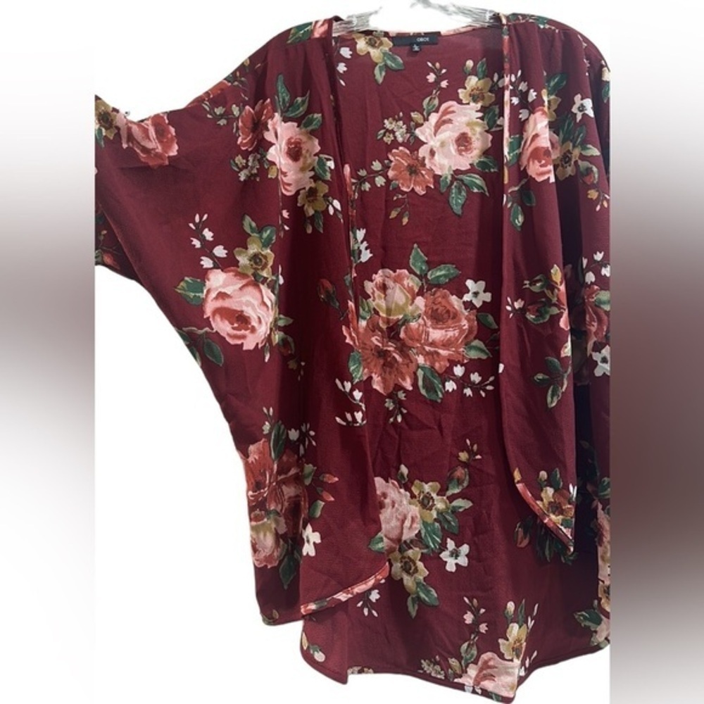 Women’s Kimono Open Front Cardigan Floral Boho Roses Burgundy Sweater